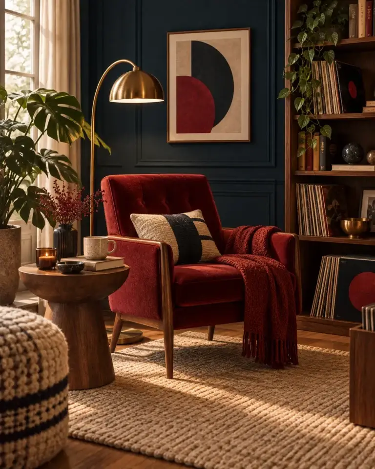 Knusse leeshoek met vintage fauteuil, houten kast en retro woondecoratie van Viva Vintage.