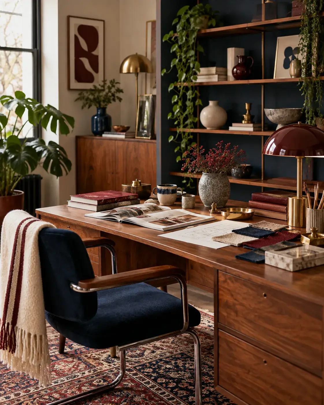 Over ons van Viva Vintage met een stijlvolle retro werkplek, houten meubels en vintage interieuraccenten.