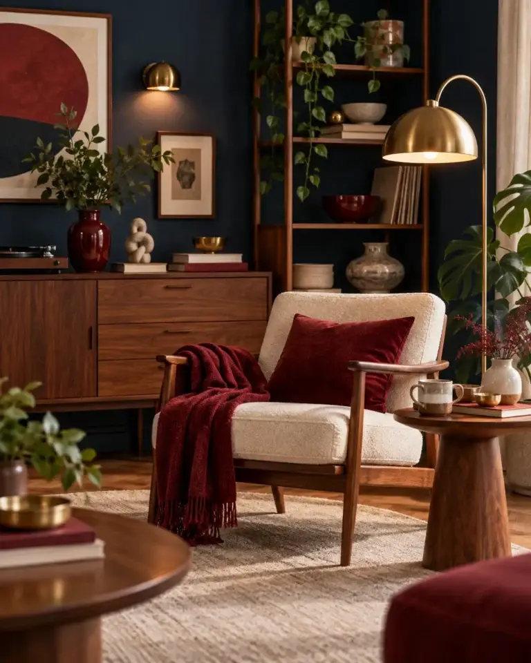 Faq van Viva Vintage met een sfeervolle vintage leeshoek, retro meubels, warme houtaccenten en elegante interieurdetails.