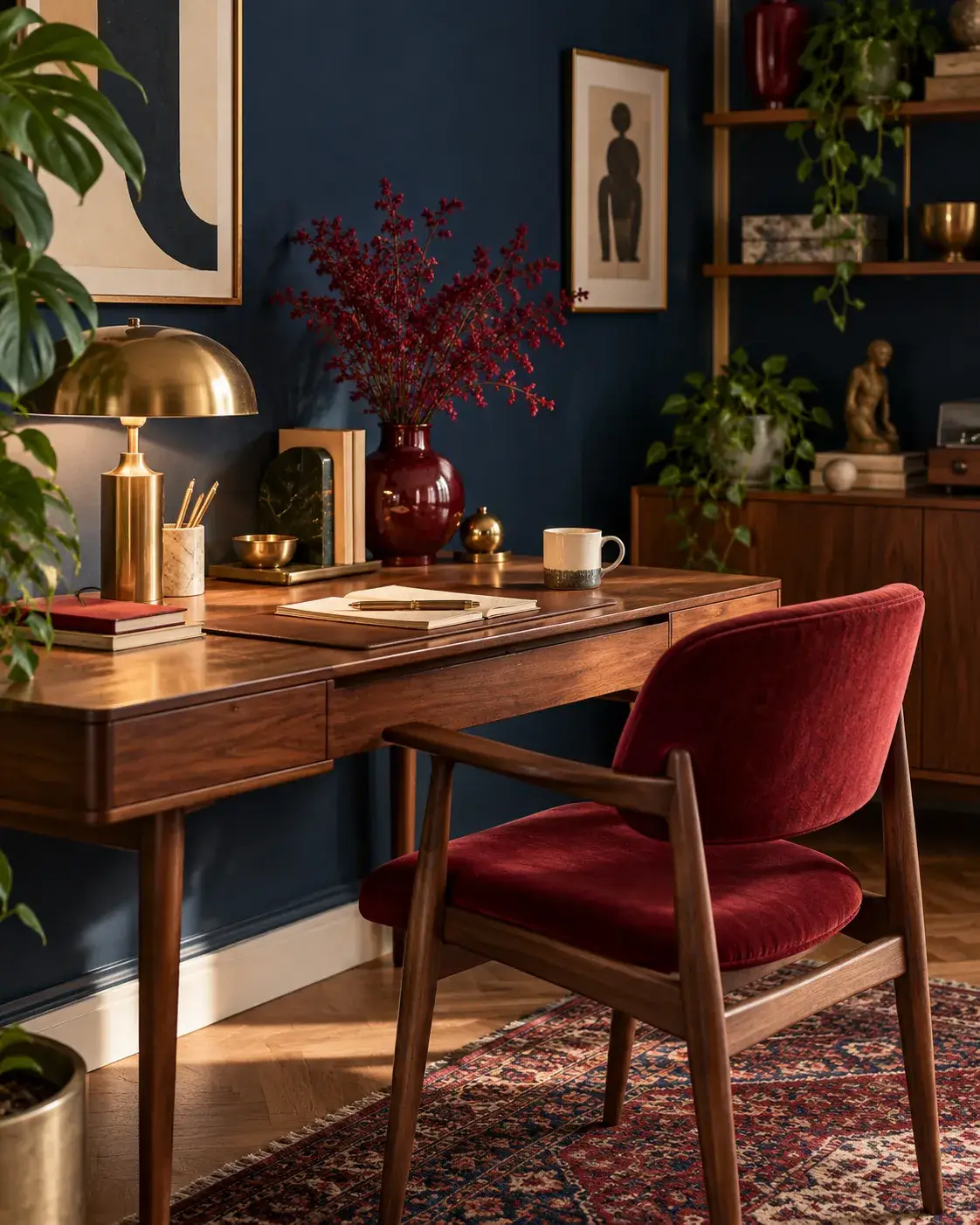 Registreer bij Viva Vintage met een stijlvolle vintage werkplek, retro meubels, warme houttinten en sfeervolle interieurdetails.